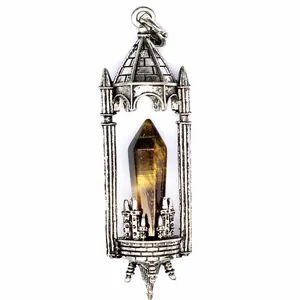 Antique silver medieval castle pendant featuring a natural tiger eye hexagonal crystal