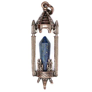 Detailed view of a retro medieval castle pendant with a blue crystal pillar