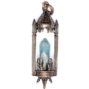 Detailed view of a medieval gothic castle pendant featuring a blue crystal hexagonal pillar.