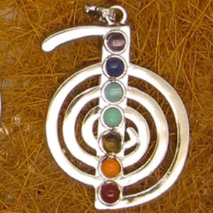 Spiral shaped silver pendant featuring seven natural colorful crystal gemstones for chakra healing