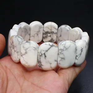 Natural white howlite stone oval bead bracelet with grey marble texture