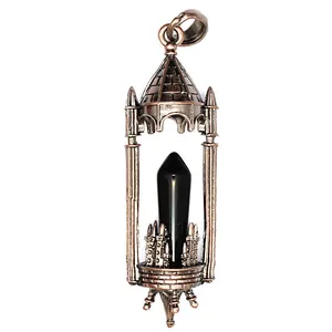 Close-up of medieval castle pendant with black hexagonal crystal point.