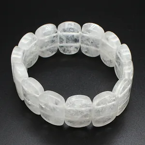 High definition macro detail view of clear white quartz oval bead crystal bracelet