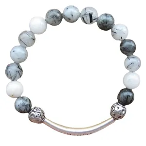 Minimalist 8mm black rutilated quartz beaded bracelet featuring a curved silver-toned bar