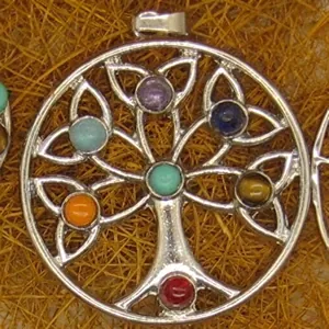 Close-up of silver Tree of Life pendant with seven colorful chakra gemstones
