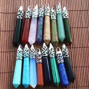 Retro Zeshoekige Pilaar Natuursteen Kristal Punt Hanger Voor Vrouwen Mannen Healing Quartz Retro Legering Sieraden Hanger Cadeau