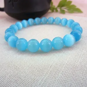 Hochwertiges 8mm hellblaues Katzenauge Stein Rundperlen Stretch Armband für Damen und Herren