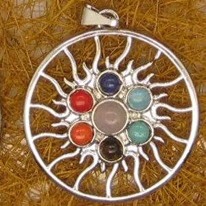 Detailed view of circular sunburst pendant featuring seven colorful chakra gemstones