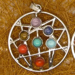 Macro view of a circular silver heptagram pendant featuring seven colorful chakra gemstones