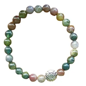 Semplice bracciale da donna con perle tonde in agata indiana da 6mm e charm a fiore argento.