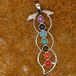Silver sword-shaped chakra pendant necklace with seven colorful gemstones