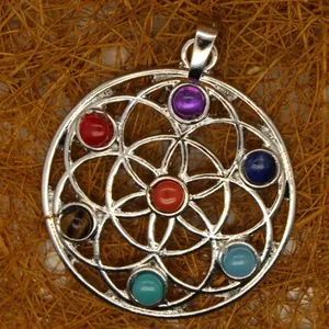Detailed macro view of a seven chakra crystal gemstone pendant with geometric pattern