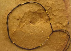 Macro view of the handmade brown braided necklace cord with golden silk accents