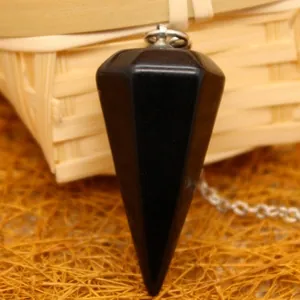 Polished black hexagonal crystal pendulum pendant with metal loop for dowsing and healing