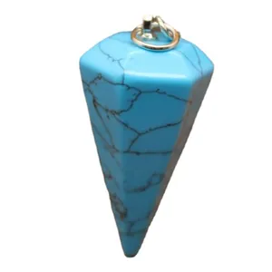 Polished hexagonal turquoise crystal cone pendulum pendant with a silver metal loop