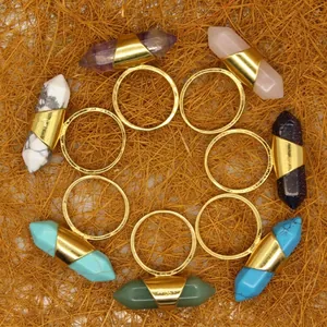 Anello in Fluorite a Pilastro di Cristallo Esagonale Naturale Placcato Oro 24K Quarzo Rosa Turchese Pietra Arenaria Blu Gioielli Donna