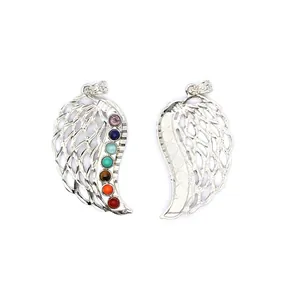 Silver angel wing pendant with seven chakra stones showing front and back views