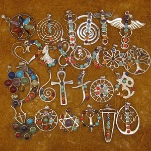 Vintage Alloy Crystal 7 Chakra Stone Pendant Necklace Spiritual Healing Symbols Moon Sword Heart Om Infinity Pendant For Women Jewelry