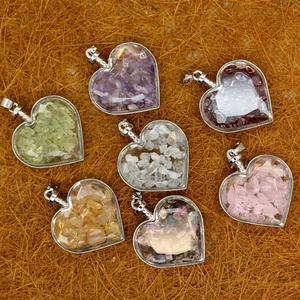 Ciondolo Bottiglia dei Desideri in Vetro a Forma di Cuore in Pietra Naturale Lega Placcata Argento Cristallo Curativo