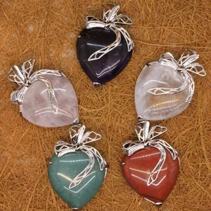 Heart Shape Natural Stone Pendant Only (Without Chain) With Silver Bowknot Clear Quartz Amethyst Rose Quartz Aventurine Jewelry For Women