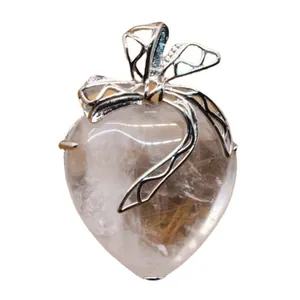 Elegant heart-shaped white crystal pendant featuring an intricate silver bow design ornament