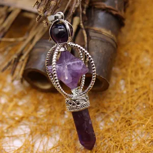 Amethyst Merkaba star pendulum pendant with crystal point and silver-tone frame