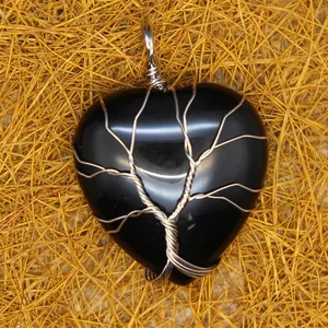 Handmade silver wire wrapped tree of life black agate heart shaped stone pendant