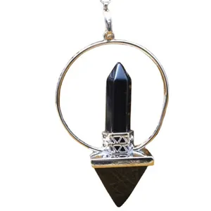 Natural black agate crystal pendulum pendant with hexagonal column and pyramid base