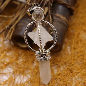 Healing white crystal Merkaba star pendulum pendant in a silver circular frame