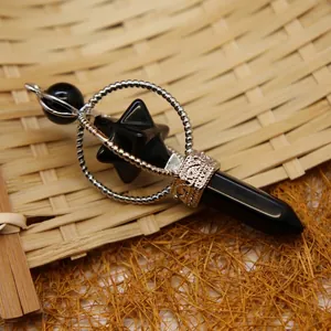 Handcrafted black obsidian Merkaba star pendulum pendant with decorative silver-toned metal ring