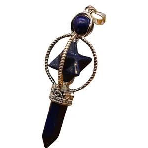 Rotating Merkaba Lapis Lazuli pendulum crystal pendant with silver metal crown detail.