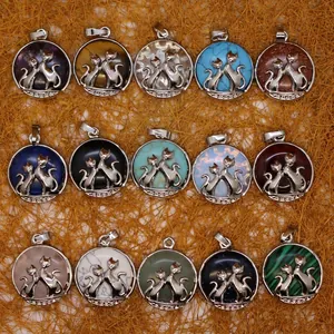 Colgante Solo Sin Cadena Vintage Étnico Redondo de Ágata Piedra Preciosa Mujer Aleación Incrustado Zorro Gato Animal Joyería Regalo