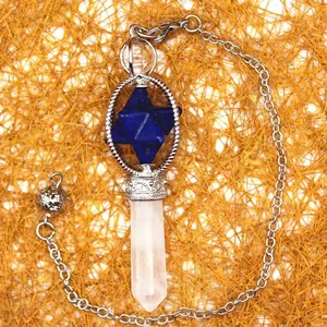 White quartz Merkabah pendulum pendant with lapis lazuli star on a silver chain necklace