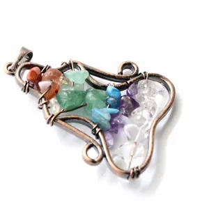 Handmade wire-wrapped chakra pendant with colorful natural stones on a white background