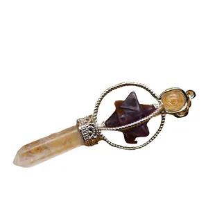 Natural Amethyst Merkaba Star and Clear Quartz Point Crystal Healing Pendulum Pendant