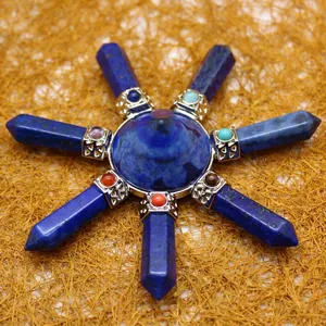 Lapis lazuli crystal grid energy generator with seven chakra point hexagonal columns