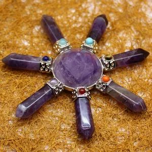 Natural amethyst hexagonal star crystal grid healing ornament with chakra stones