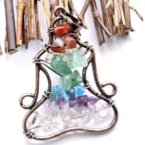 Handmade bronze wire-wrapped yoga meditation pendant necklace with 7 chakra crystal stones