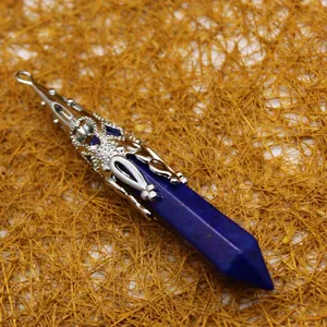 Natural lapis lazuli hexagonal prism pendant with an ornate silver-tone decorative cap and loop