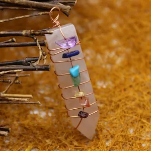 Handmade copper wire wrapped rose quartz hexagonal pendant with colorful chakra stones