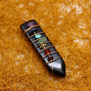 Handmade chakra healing stone wrapped black crystal point pendant jewelry for necklace