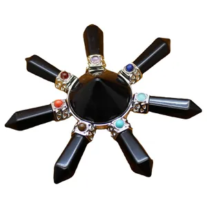 Seven-pointed star black crystal grid with hexagonal pillars and colorful stone accents