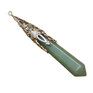 Hexagonal green crystal stone pendulum pendant with silver filigree decorative cap