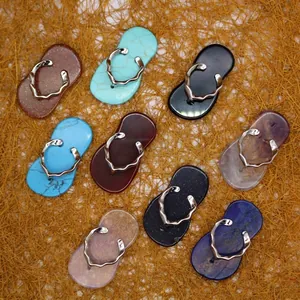 Natural Stone Slipper Shape Pendant Flip Flop Crystal Gemstone Pendants With Wave Metal Design Creative DIY Jewelry Findings