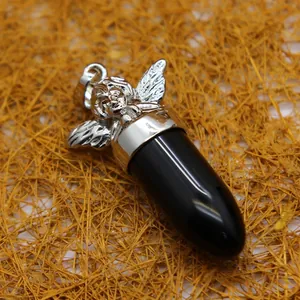 Engel Flügel Patrone Anhänger Halskette in Silber und schwarzem Stein für Mode.