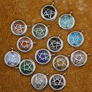 Hollow pentagram star pendant necklaces with various colorful gemstone inserts.
