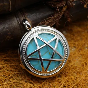 Hollow pentagram silver pendant with round turquoise stone for vintage style