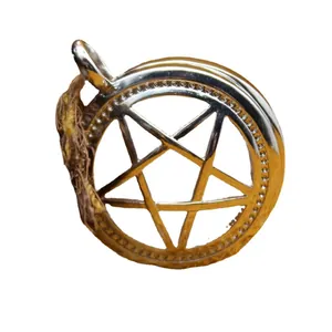 Gothic gold-toned hollow pentagram pendant necklace with intricate dotted circular frame