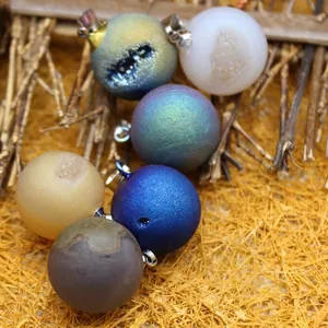 Natural druzy agate egg pendants in various vibrant colors with metallic luster finish