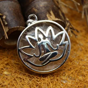Ethnic style silver-tone lotus meditation pendant necklace with clear crystal